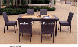 7 pièces de rotin synthétique en osier extérieur patio en teck haut de la table à manger du jardin 6 fauteuils sans bras-8026