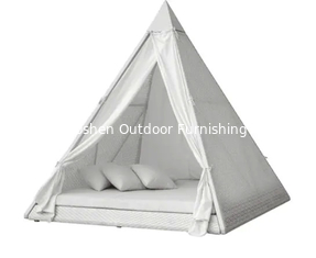 Cabane triangulaire avec rideau en osier plastique au toit-terrasse lit solaire arrière jardin rotin résister aux UV lit de jour---6106