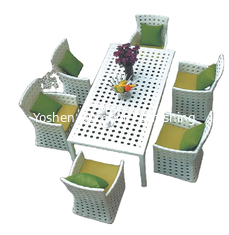 Meubles de mariage à motifs de fleurs blanches chaises à manger pour 6 personnes table à manger en rotin blanc extérieur meubles en osier blanc8132