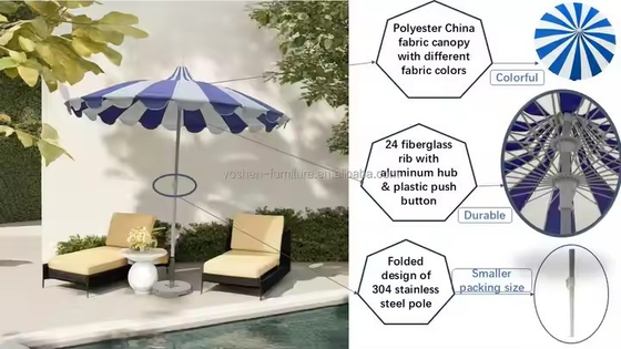 Parasol Pagode de 8,5 pi en acier inoxydable, patio, baleines en fibre de verre, parasol de plage rouge et blanc