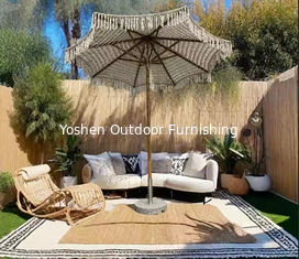 Parasol de plage de villégiature en macramé crochet de 9 pieds, pompons, parasol à auvent tissé, parasol à franges en macramé