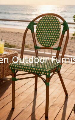 Commercial Use French Style Woven Rattan Chair Black White Checkered Patio Dining Chair for Cafe Restaurant Hotel