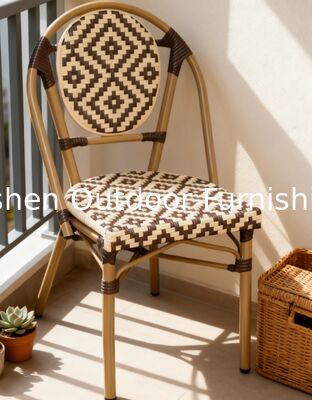 Chaise en rotin de style parisien géométrique pour manger en plein air Chaise de patio à rayures brunes chocolat