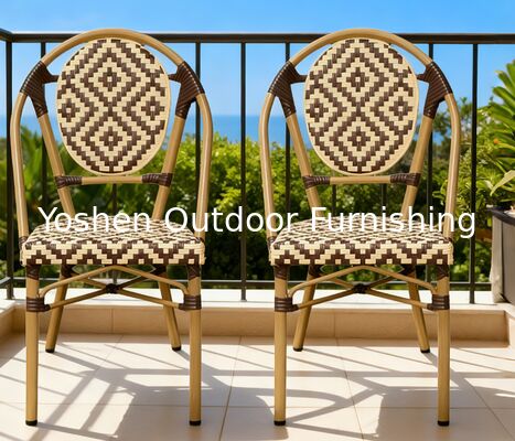 Chaise en rotin de style parisien géométrique pour manger en plein air Chaise de patio à rayures brunes chocolat