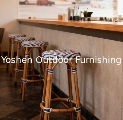 Bistro français extérieur Café Rattan Tabouret de bar pour hôtels Tabouret de bar extérieur en marine et en blanc