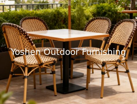 Chaises bistrot françaises empilables en rotin beige sur noir pour votre jardin, patio, porche ou terrasse