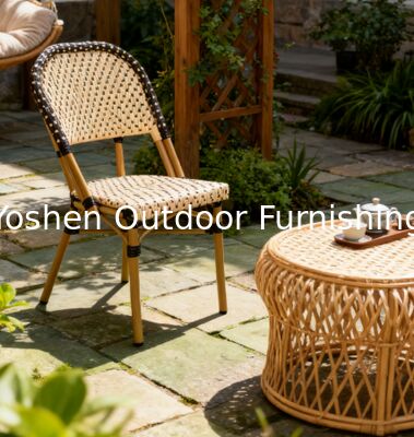 Chaises bistrot françaises empilables en rotin beige sur noir pour votre jardin, patio, porche ou terrasse