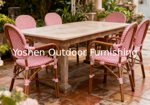 Yoshen French Bistro Chair Blue Restaurant Café Outdoor White and Blue Rattan Dining Arm Chair