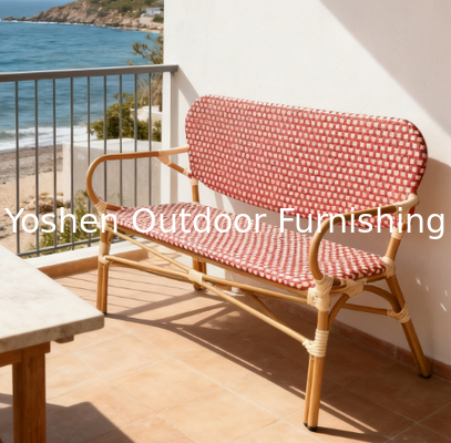 Outdoor French Bistro Rattan Sofa Bench Chair Rattan Restaurant Sofa Burgundy Red for Hotel Resort