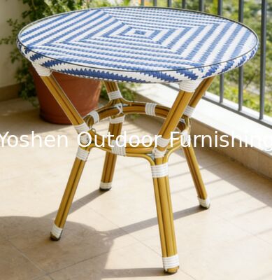 Table de salle à manger ronde en rotin et aluminium pour 4 personnes avec plateau en verre pour restaurant, café, boutique en extérieur