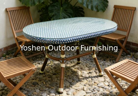 Table à manger ovale en rotin avec cadre en aluminium robuste pour 6 personnes, extérieur, pour hôtel, complexe hôtelier, cour