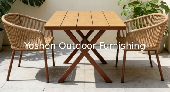 Table à manger ovale en rotin avec cadre en aluminium robuste pour 6 personnes, extérieur, pour hôtel, complexe hôtelier, cour