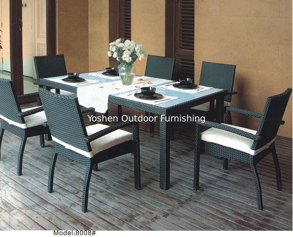 Table à manger extérieure en verre en rotin synthétique en 7 pièces avec 6 fauteuils-8008