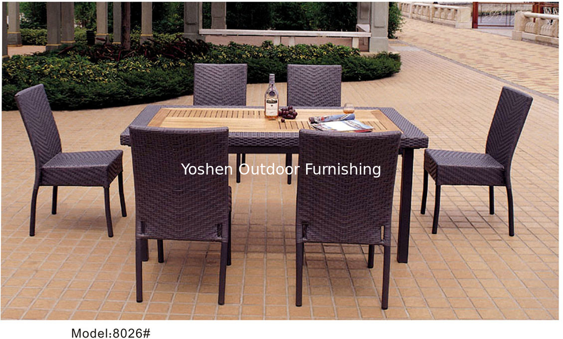 7 pièces de rotin synthétique en osier extérieur patio en teck haut de la table à manger du jardin 6 fauteuils sans bras-8026