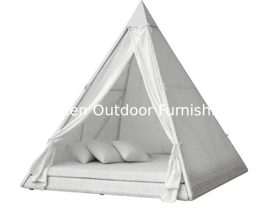 Cabane triangulaire avec rideau en osier plastique au toit-terrasse lit solaire arrière jardin rotin résister aux UV lit de jour---6106