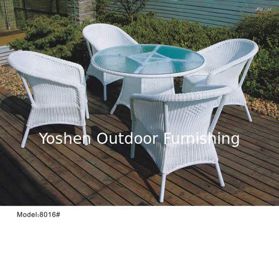 5pcs fabricant de meubles d'extérieur en écorce de jardin en rotin en plastique blanc table ronde chaises à manger--- 8016