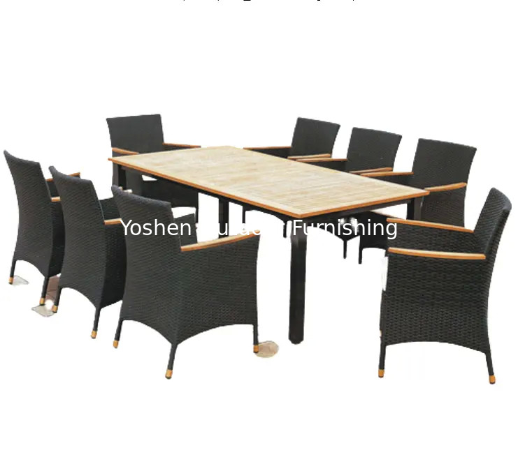 7 pièces de meubles en rotin pour l' extérieur. Meubles pour la piscine. Table de jardin en bois rectangulaire avec 6 chaises en plastique.