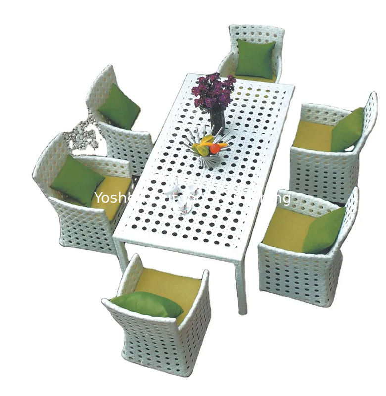 Meubles de mariage à motifs de fleurs blanches chaises à manger pour 6 personnes table à manger en rotin blanc extérieur meubles en osier blanc8132