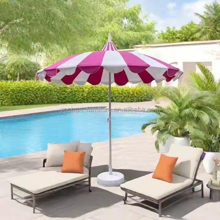 Parasol Pagode de 8,5 pi en acier inoxydable, patio, baleines en fibre de verre, parasol de plage rouge et blanc