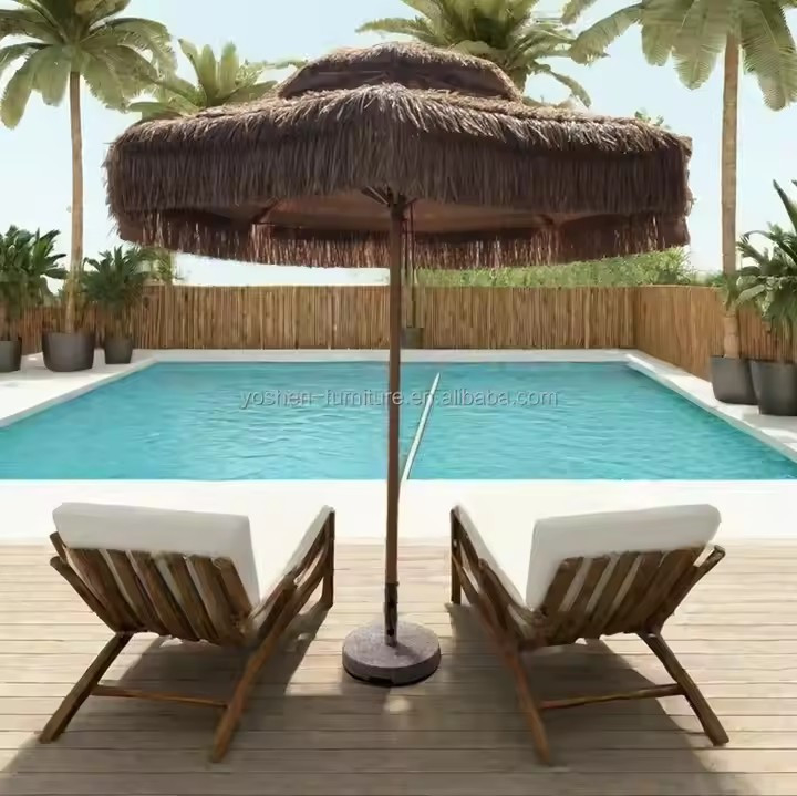 Parapluie de plage de paille synthétique de 9 pieds 8 côtes plastique Parapluie Tiki de paille de plage de sable Parapluie de paille avec frange