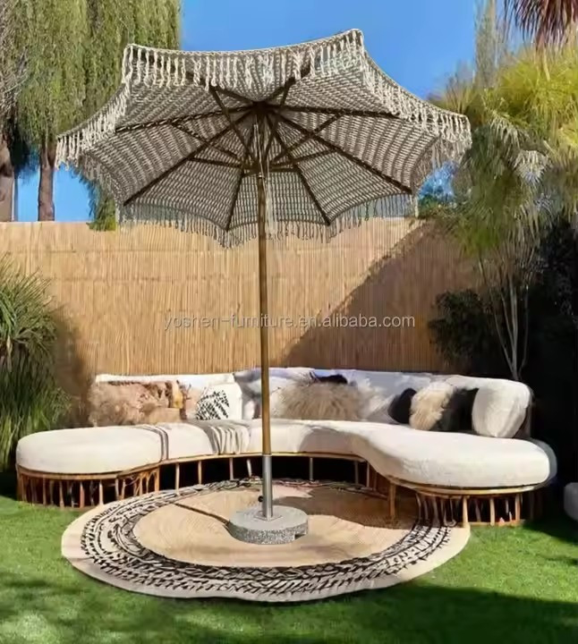 Parasol de plage de villégiature en macramé crochet de 9 pieds, pompons, parasol à auvent tissé, parasol à franges en macramé