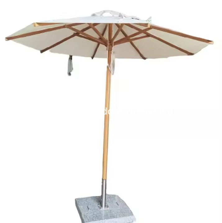 Parapluie de patio en bois blanc de 9 pieds Parapluie extérieure au pôle central Piscine Parapluie de plage en bois