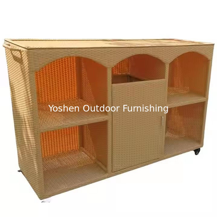 Meubles de piscine personnalisés Mobiles PE en rotin Wicker Organisateur de stockage résistant aux intempéries Serveur de serviettes de piscine extérieure