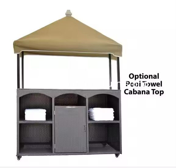 Meuble de rangement de piscine en rotin plastique pour équipement de piscine le plus vendu, rangement de serviettes au bord de la piscine avec roues