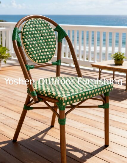 Commercial Use French Style Woven Rattan Chair Black White Checkered Patio Dining Chair for Cafe Restaurant Hotel