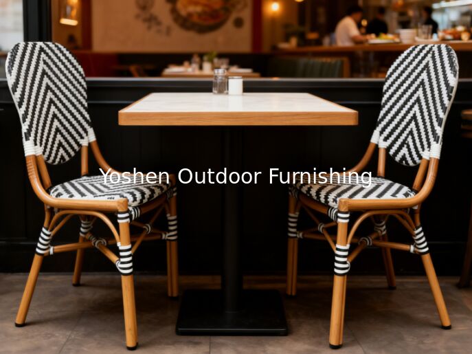 Chaise d'extérieur en bistrot en rotin français en aluminium en bambou cadre peint Zèbre flèches à rayures Noir blanc Chaise extérieure