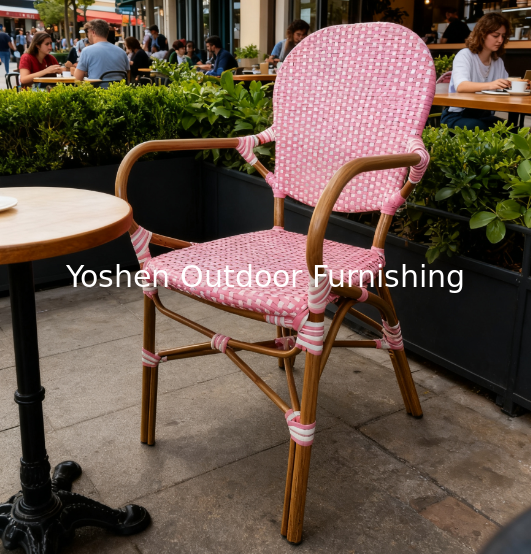 Yoshen French Bistro Chair Blue Restaurant Café Outdoor White and Blue Rattan Dining Arm Chair