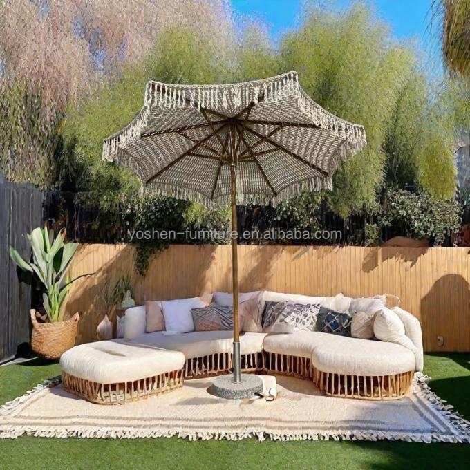 Parasol de plage de villégiature en macramé crochet de 9 pieds, pompons, parasol à auvent tissé, parasol à franges en macramé 2