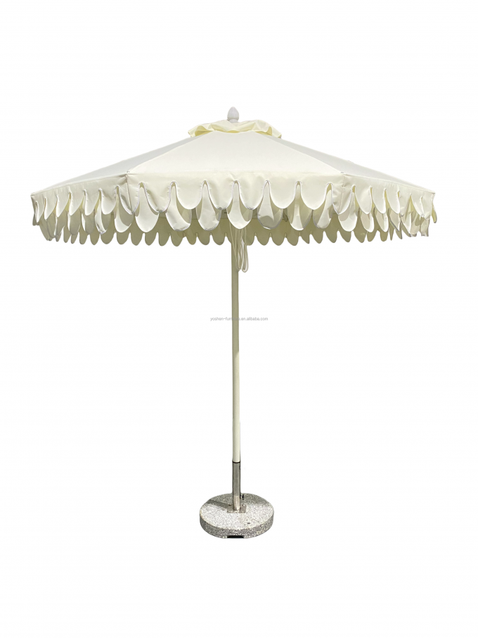 Parasol de marché octogonal blanc à festons de 9 pieds avec franges et garniture à double feston avec rabats 0