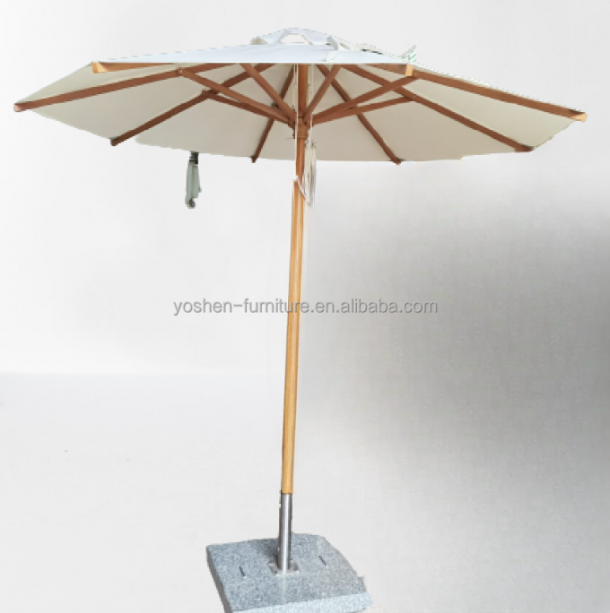 Parapluie de patio en bois blanc de 9 pieds Parapluie extérieure au pôle central Piscine Parapluie de plage en bois 1